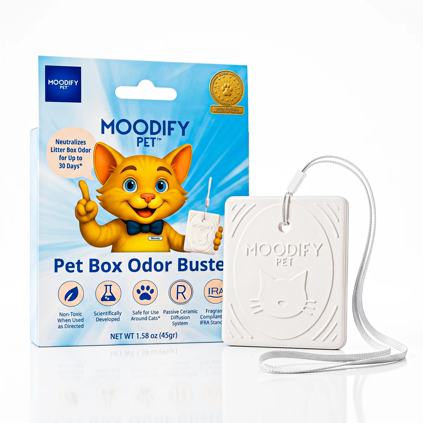 MoodifyPet MP1 Pet Box Odor Buster single-unit package with passive ceramic hanging system for up to 30 days of litter-box odor control