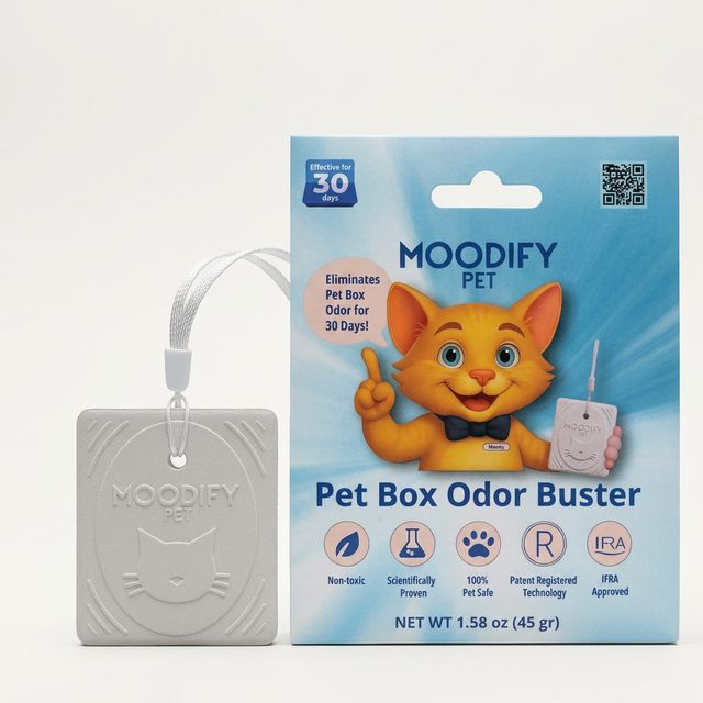 MoodifyPet system — a 30-day cat litter odor neutralizer that works in the air around the litter box