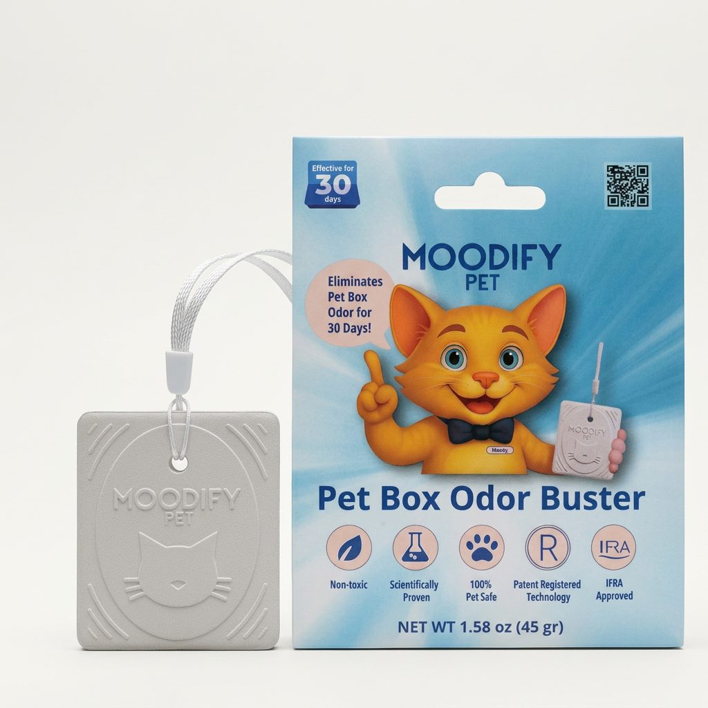 MoodifyPet system — a 30-day cat litter odor neutralizer that works in the air around the litter box